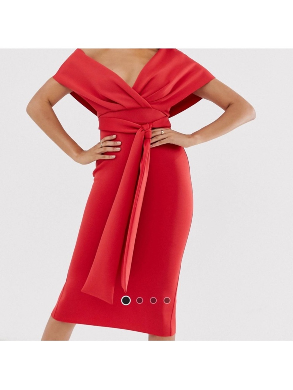 ASOS Red Off-Shoulder Tie-Waist Midi Dress